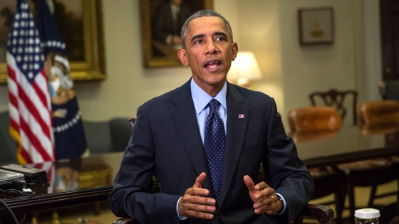 President Barack Obama tapes the Weekly Address in the Roosevelt Room of the White House, Sept. 25, 2014.