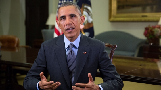 President Barack Obama tapes the Weekly Address in the Roosevelt Room of the White House, Oct. 24, 2014.