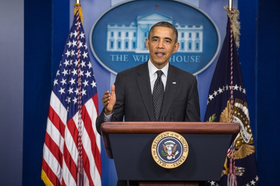 President Barack Obama delivers a statement on Senate filibuster rules, in the James S. Brady Press Briefing Room of the White House, Nov. 21, 2013. 