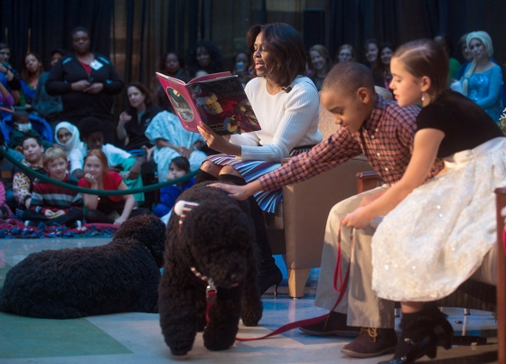 First Lady Michelle Obama reads '' 'Twas the Night Before Christmas" at the Children's National Medical Center in Washington, D.C., Dec. 15, 2014
