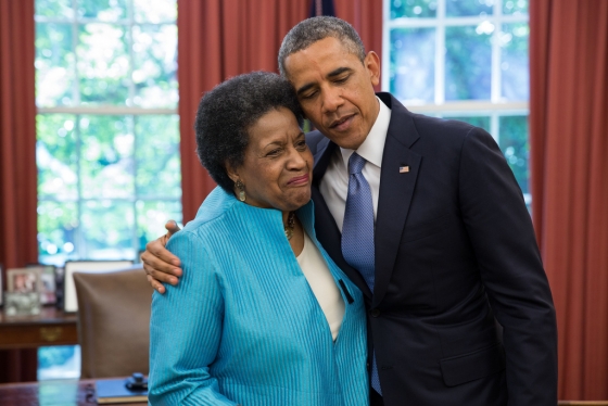 President Barack Obama embraces Myrlie Evers-Williams during her visit in the Oval Office, June 4, 2013. 