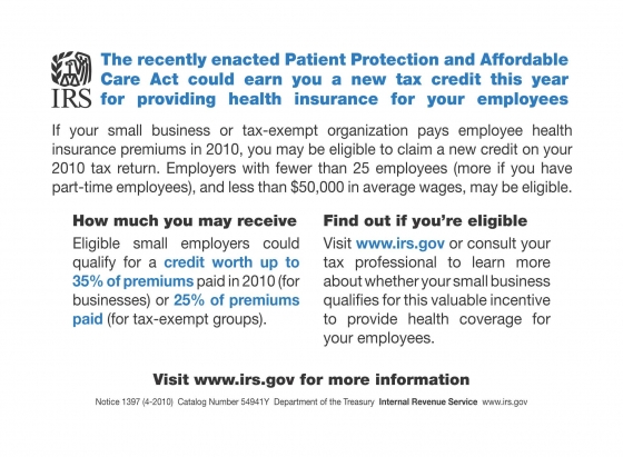 Health Reform Small Business Tax Credit Postcard