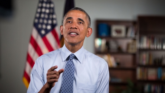 President Barack Obama tapes his weekly address following remarks on the economy at the University of Wisconsin in La Crosse, Wisconsin, July 2, 2015.