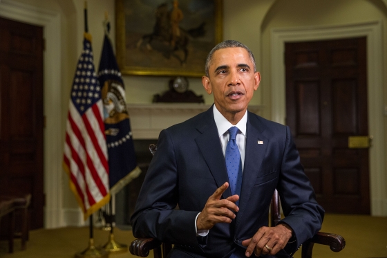 President Barack Obama tapes the Weekly Address in the Roosevelt Room of the White House, July 23, 2015. 