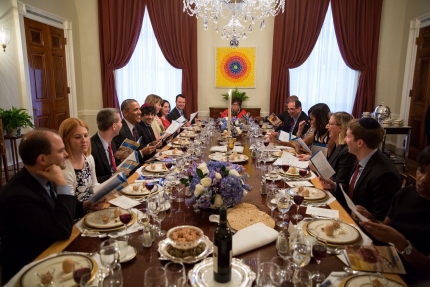 President Barack Obama and First Lady Michelle Obama host a Passover Seder dinner in the Old Family Dining Room
