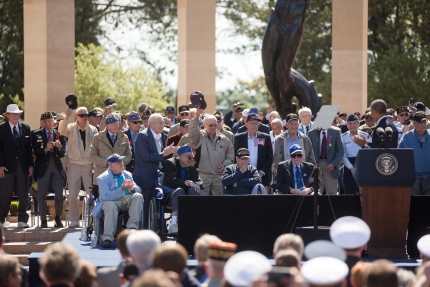 President Barack Obama acknowledges veterans during the 70th French-American Commemoration D-Day Ceremony