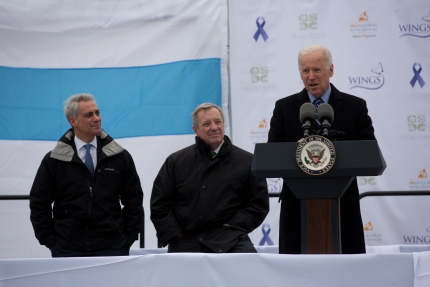 Vice President Joe Biden delivers remarks with Sen. Dick Durbin and Chicago Mayor Rahm Emanuel at the groundbreaking of a shelter for battered women