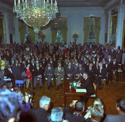 Lyndon B. Johnson speaks to the nation before signing the Civil Rights Act of 1964. 