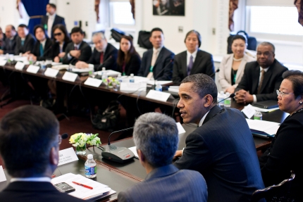 President Barack Obama drops by an Asian American & Pacific Islander Initiative (AAPI) Meeting 