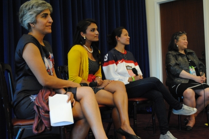 Nina Davuluri, Miss America 2014, and Julie Chu, four-time Olympic Medalist of the U.S. Women’s Ice Hockey Team, participated in a women’s armchair conversation 