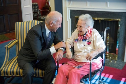 Vice President Biden greets Lucy Coffey the oldest living female WWII veteran