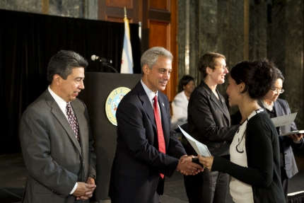 Chicago Mayor Emanuel participates in a Naturalization ceremony at the Chicago Cultural Center in Chicago, IL. 