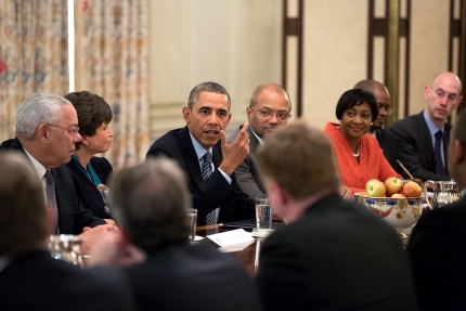 President Barack Obama meets with foundation and business leaders to discuss "My Brother's Keeper," an initiative to expand opportunity for young men and boys of color