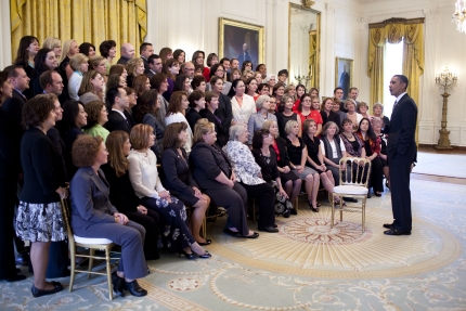 President Barack Obama greets teachers in the East Room of the White House 