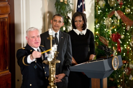 President Barack Obama, First Lady Michelle Obama, and Rabbi Larry Bazer at the 2012 Hanukkah reception, Dec. 13, 2012