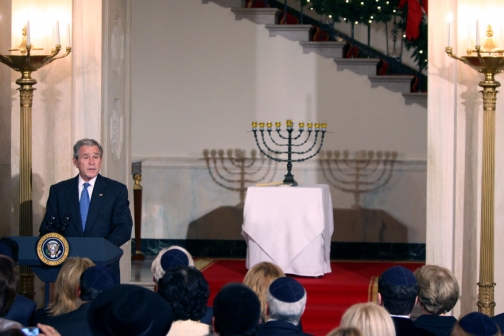 George W. Bush in the Grand Foyer of the White House before the menorah lighting ceremony for Hanukkah on December 15, 2008.