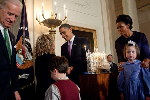 President Barack Obama and First Lady Michelle Obama host a Hanukkah reception in the Grand Foyer of the White House, Dec. 16, 2009. (Official White House Photo by Samantha Appleton)