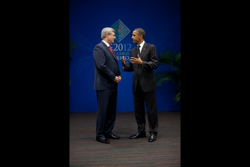 President Barack Obama Talks With Prime Minister Stephen Harper Of Canada At Los Cabos