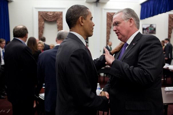 President Barack Obama talks with Missouri Governor Jay Nixon