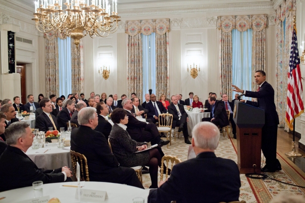 President Barack Obama answers questions with a bipartisan group of governors