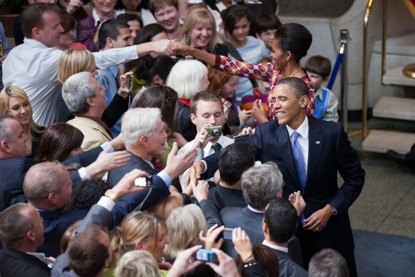 President Obama and First Lady Michelle Obama Greet Embassy Crowd