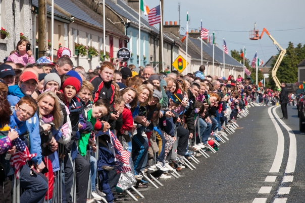 President Obama and First Lady Michelle Obama on Main Street in Moneygall