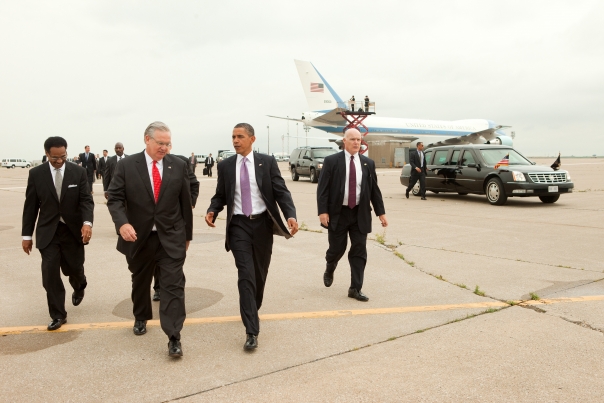 President Barack Obama walks with Missouri Gov. Jay Nixon