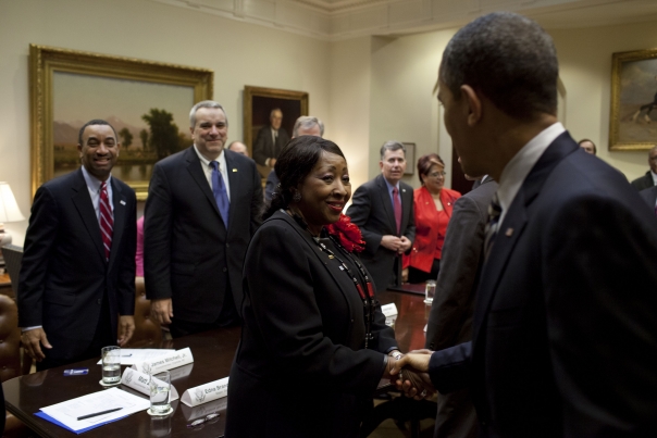 President Barack Obama greets Savannah Mayor Edna B. Jackson 