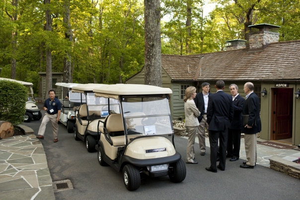 President Obama Talks With Staff Outside Aspen Cabin