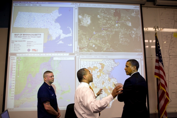 President Barack Obama talks with Massachusetts Gov. Deval Patrick