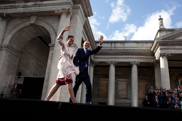 President Obama and First Lady Michelle Obama Wave to the Crowd