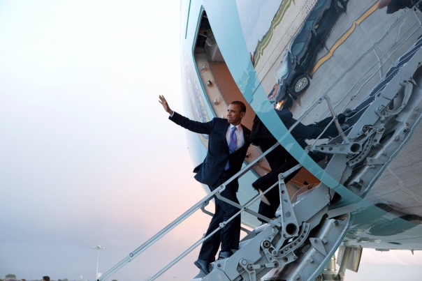 President Obama Waves as he Boards Air Force One in Dublin