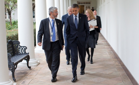 President Barack Obama walks along the Colonnade with John Holdren, Nov. 4, 2010. (Official White House Photo by Pete Souza)