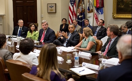 President Barack Obama meets with the White House Rural Council to discuss ongoing efforts in response to the drought, in the Roosevelt Room of the White House, Aug. 7, 2012. (Official White House Photo by Pete Souza)