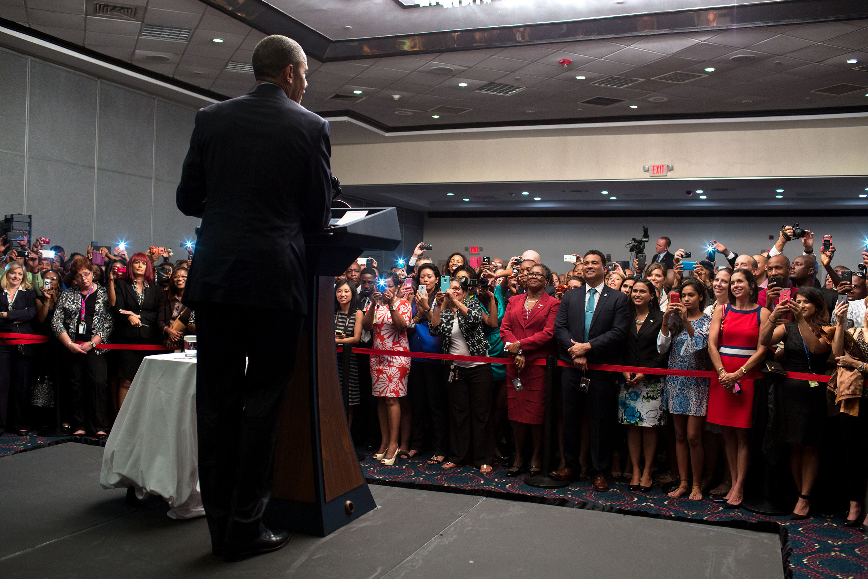 The President delivers remarks during a U.S. Embassy meet and greet at the Jamaica Pegasus Hotel. (Official White House Photo by Pete Souza)