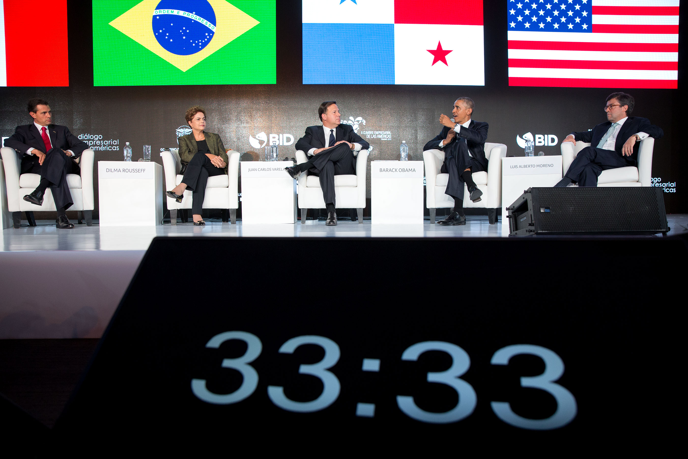 President Obama participates in the CEO Summit of the Americas with, left to right, President Enrique Peña Nieto of Mexico, President Dilma Rousseff of Brazil, President Juan Carlos Varela of Panama and International Development Bank President Luis Alberto Moreno. (Official White House Photo by Pete Souza)