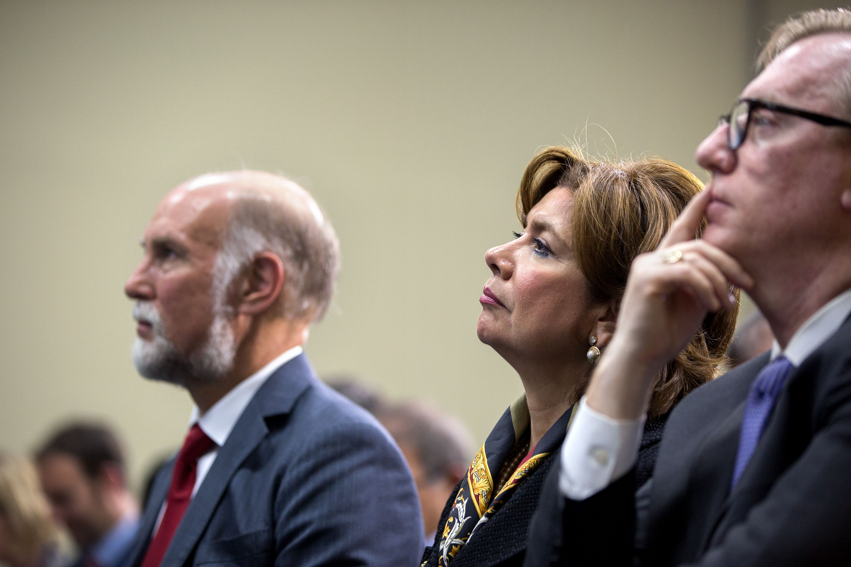 Small Business Administration Director Maria Contreras-Sweet and others listen during the President's press conference. (Official White House Photo by Pete Souza)