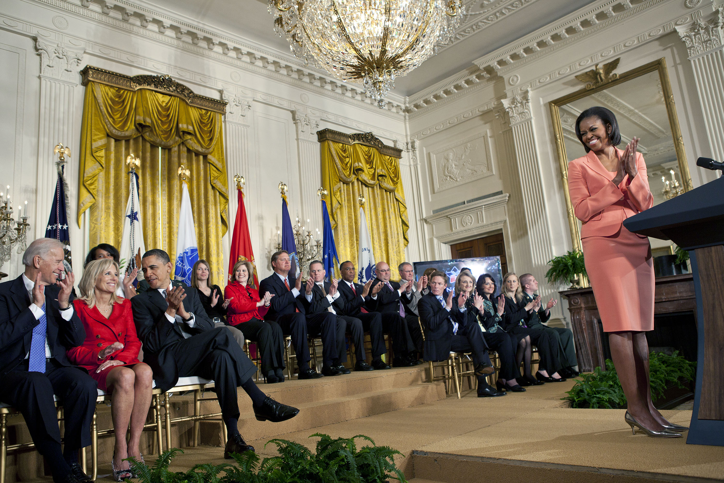 President Barack Obama, First Lady Michelle Obama, Vice President Joe Biden, and Dr. Jill Biden launch the Joining Forces initiative to support and honor America's service members and their families, in the East Room of the White House, April 12, 2011. (Official White House Photo by Samantha Appleton)