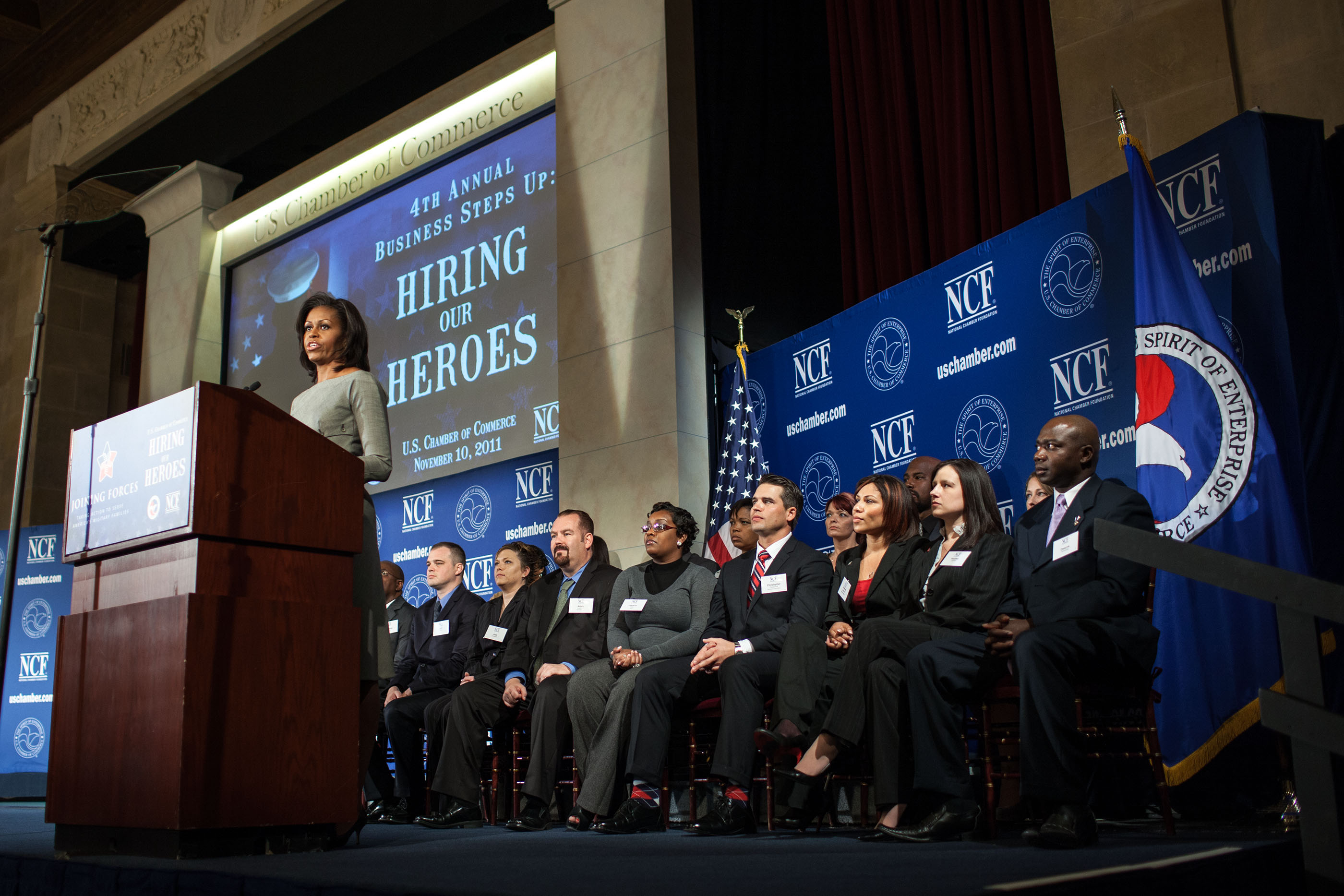 The First Lady delivers remarks at the “Business Steps Up: Hiring Our Heroes” event in Washington, D.C., Nov. 10, 2011. (Official White House Photo by Lawrence Jackson)