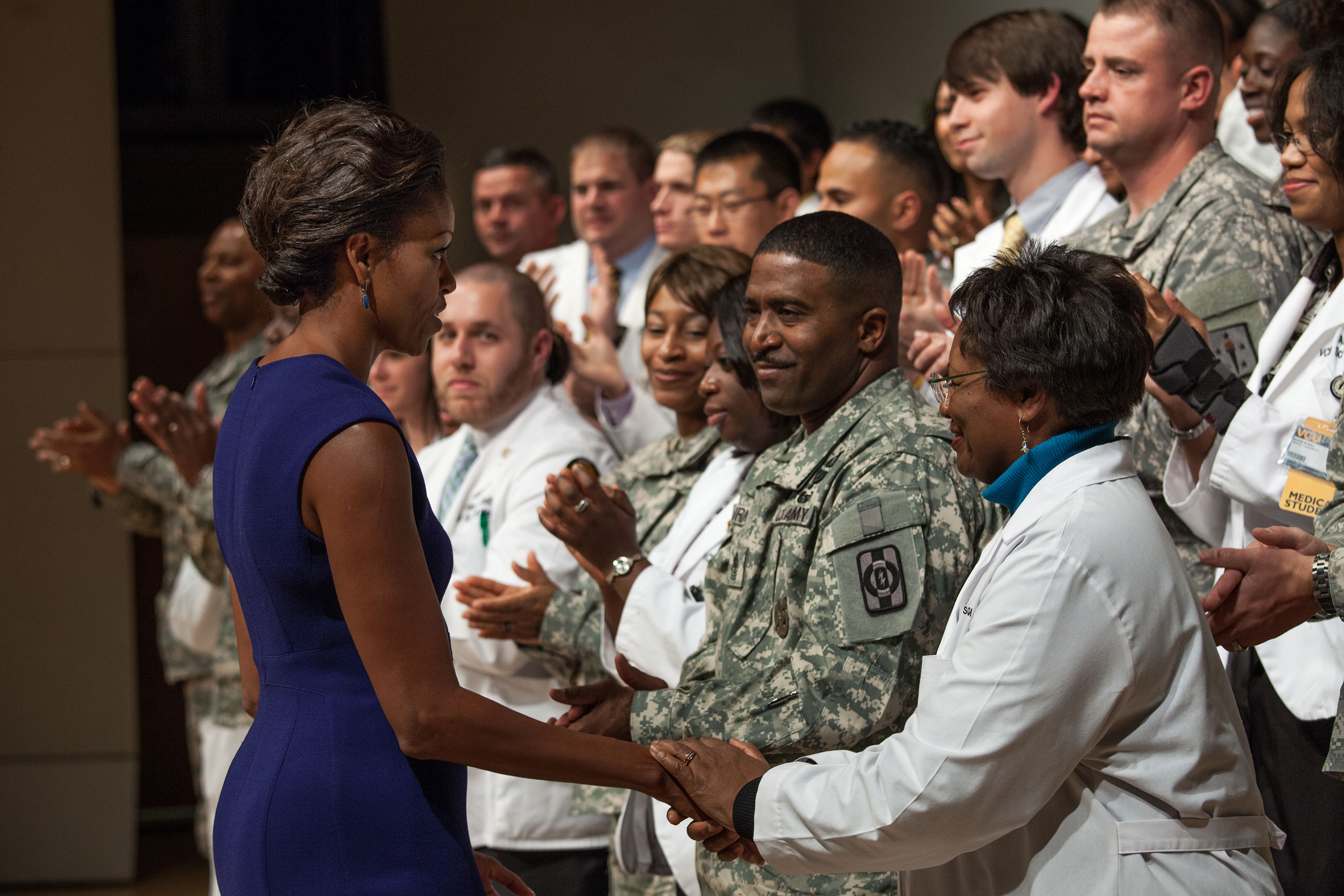 The First Lady shakes hands with veterans and medical personnel at Virginia Commonwealth University AAMC-Medical Center in Richmond, Jan. 11, 2012. (Official White House Photo by Chuck Kennedy)