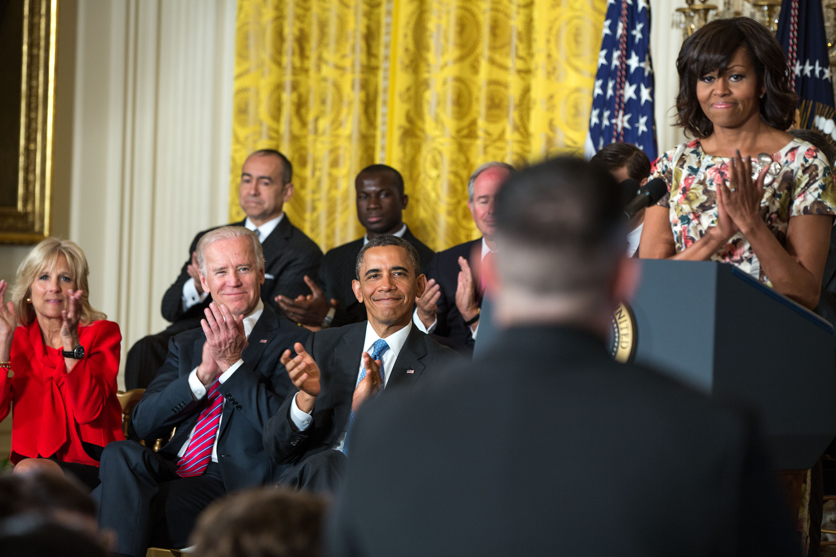 The First Lady delivers remarks during an employment announcement for veterans and military spouses, in the East Room of the White House, April 30, 2013. (Official White House Photo by Pete Souza)