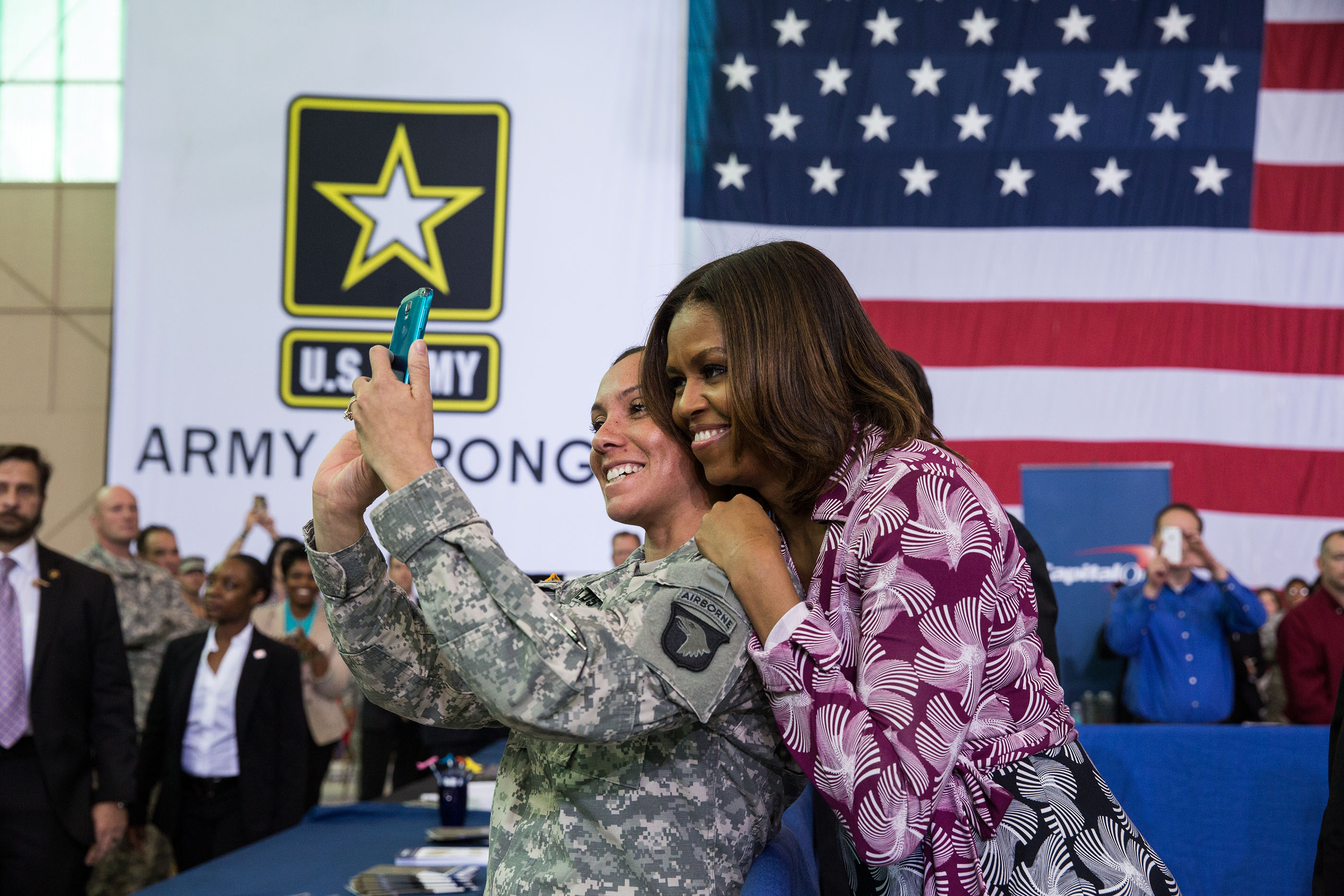 The First Lady poses for a photo at the Fort Campbell Veterans Jobs Summit and Career Forum at Fort Campbell, Ky., April 23, 2014. (Official White House Photo by Amanda Lucidon)