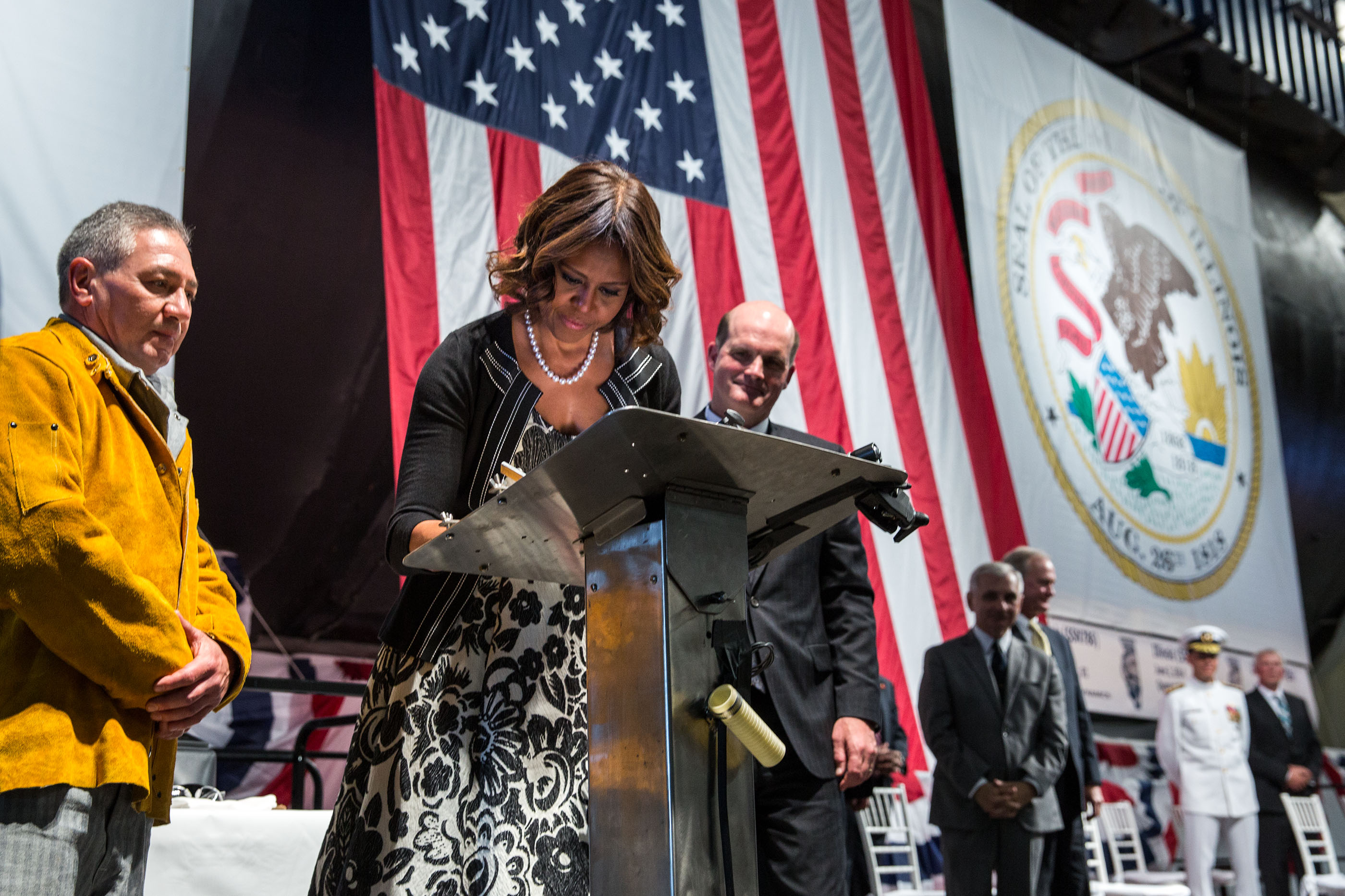 The First Lady participates in a keel-laying ceremony for the future USS ILLINOIS in North Kingston, R.I., June 2, 2014. (Official White House Photo by Chuck Kennedy)