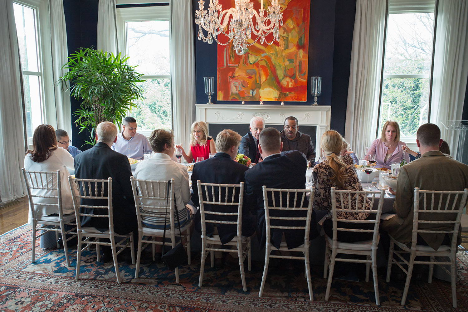 Vice President Joe Biden and Dr. Jill Biden host a dinner for military families to celebrate the Month of the Military Child, at the Naval Observatory Residence, in Washington, D.C., April 15, 2015. Also pictured is LeVar Burton, host of Reading Rainbow. (Official White House Photo by David Lienemann)