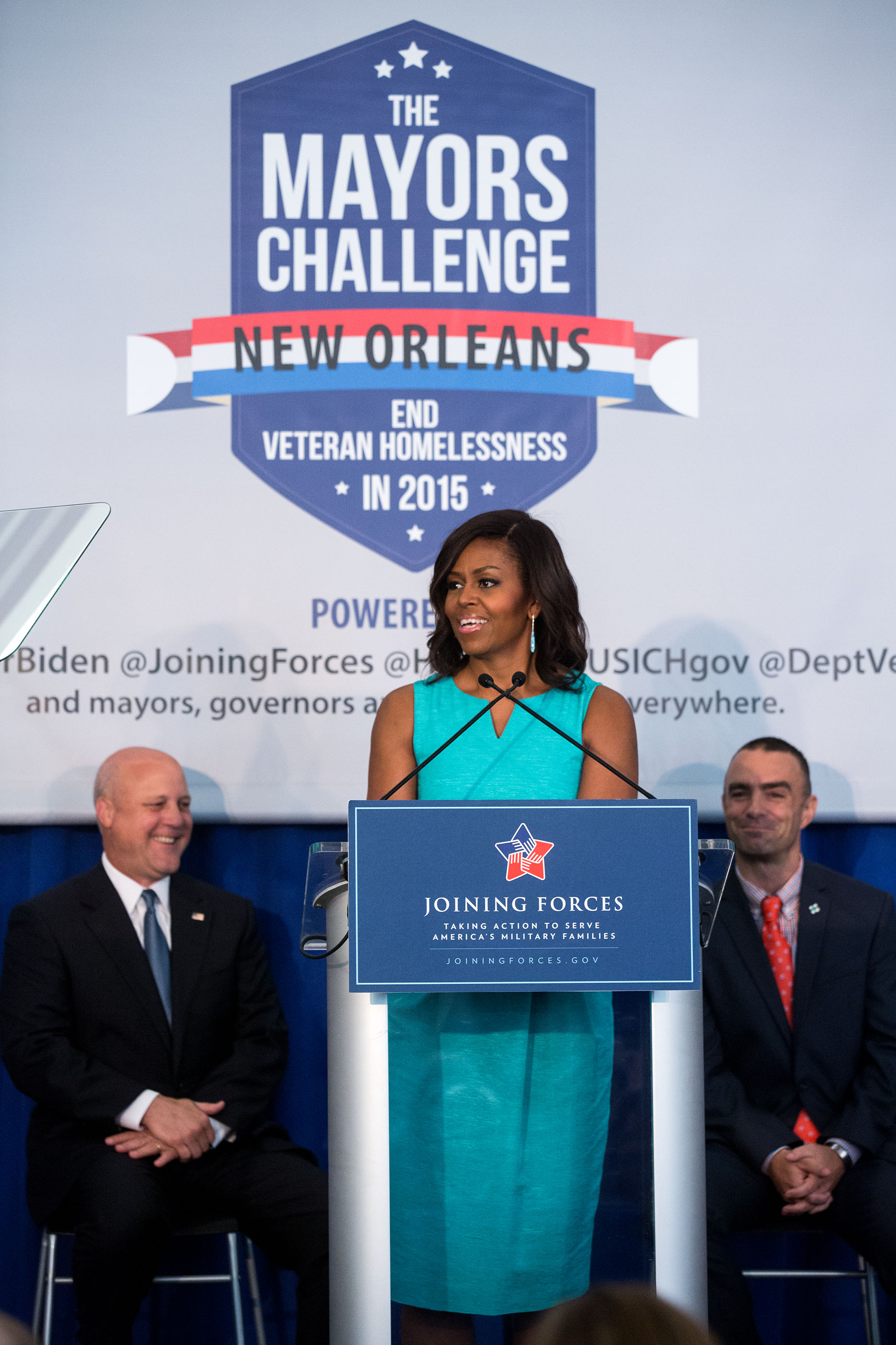 The First Lady joins Mayor Mitch Landrieu and Dylan Tete for the “Mayor's Challenge to End Veteran Homelessness” event in New Orleans, La., April 20, 2015. (Official White House Photo by Amanda Lucidon)