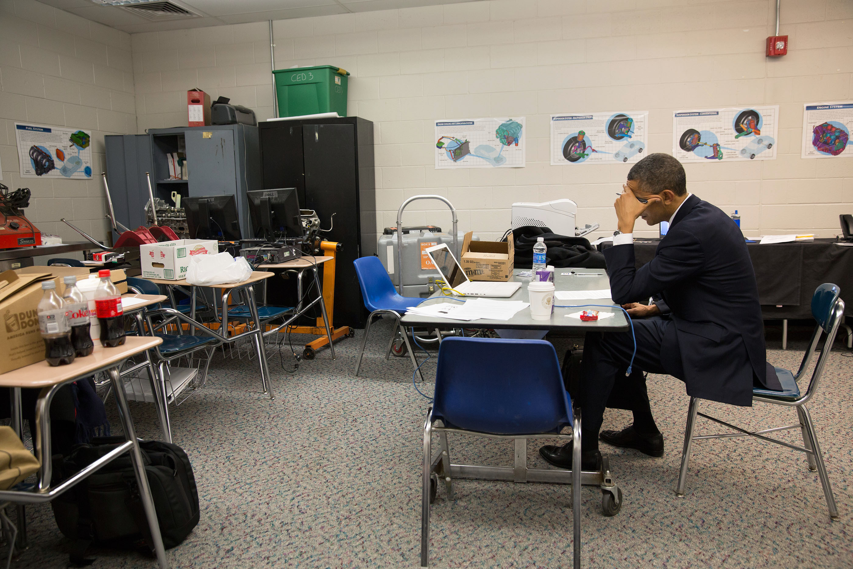 Connecticut, Dec. 16, 2012. Making last-minute edits to his speech in Newtown, before a vigil for those killed at Sandy Hook Elementary School. (Official White House Photo by Pete Souza)