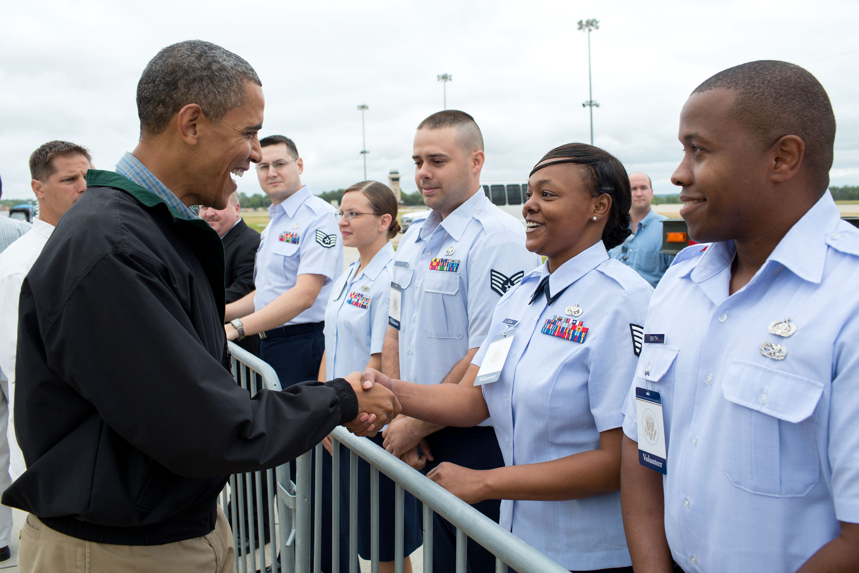 Nebraska, Aug. 13, 2012. Greeting military personnel at Offutt Air Force Base. (Official White House Photo by Pete Souza)