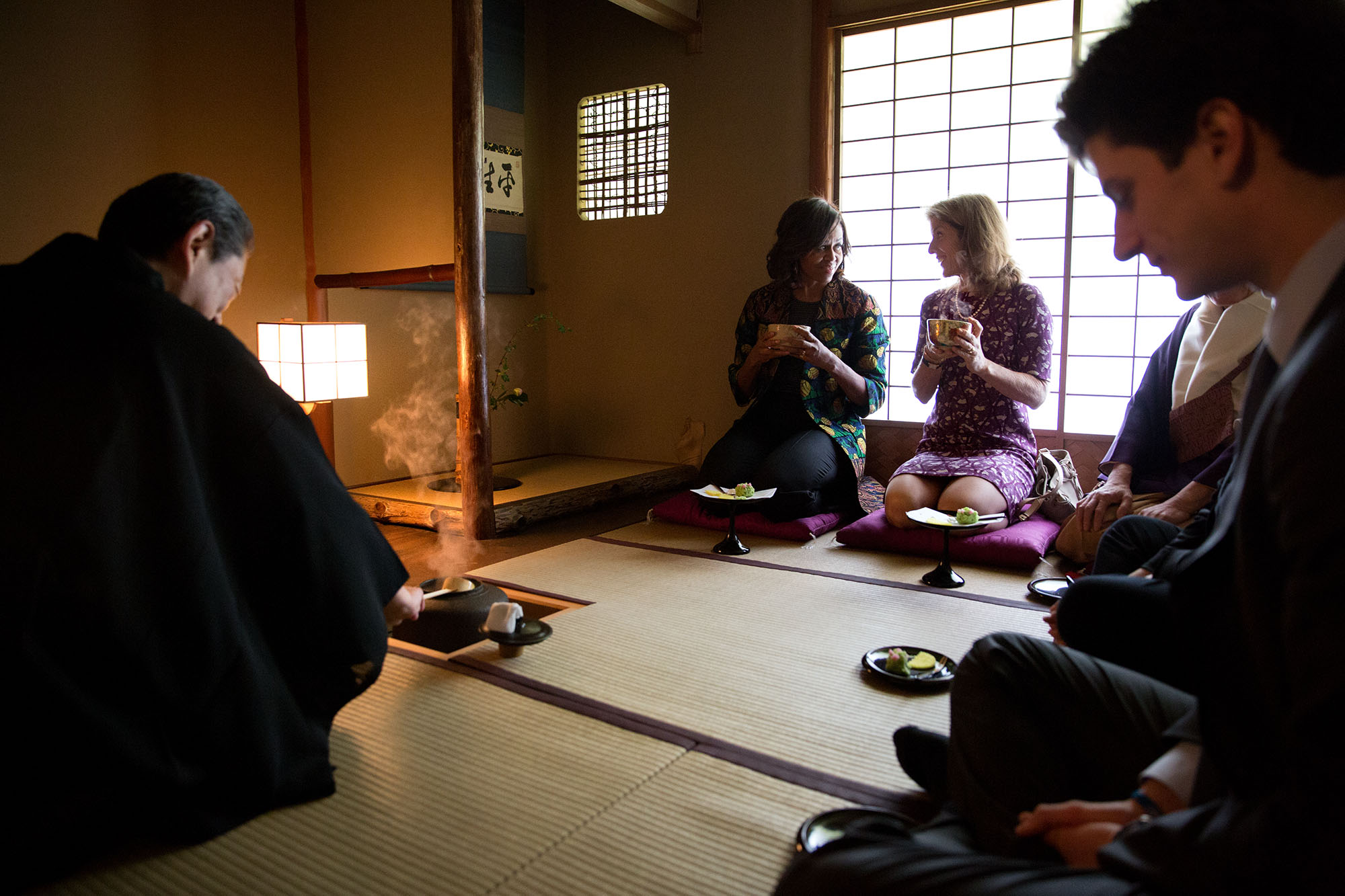 First Lady Michelle Obama, Amb. Caroline Kennedy and Jack Schlossberg participate in a tea ceremony. (Official White House Photo by Amanda Lucidon)