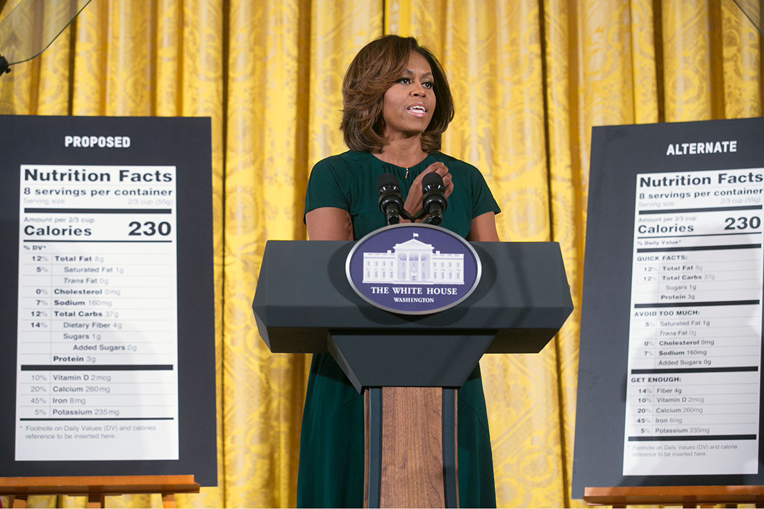First Lady Michelle Obama delivers remarks announcing proposed revisions to the Nutrition Facts label during a 