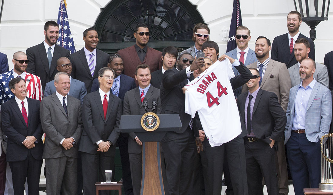 David Ortiz takes a selfie with President Barack Obama as the team presents a jersey during an event to welcome the Boston Red Sox to the White House to honor the team and their 2013 World Series Championship, on the South Lawn of the White House.
